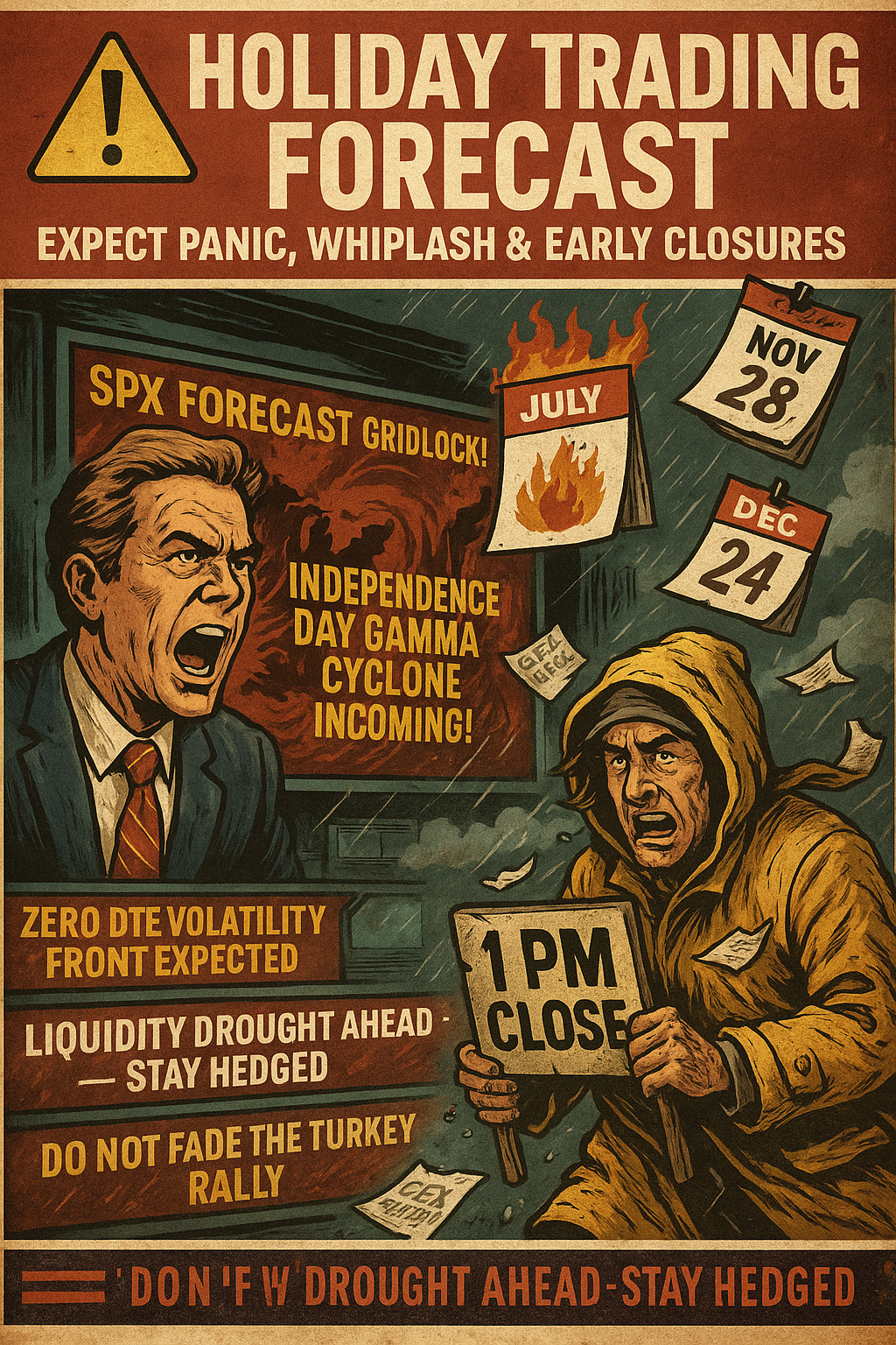 A satirical vintage poster titled “Holiday Trading Forecast – Expect Panic, Whiplash & Early Closures” features a distressed news anchor yelling in front of a storm map labeled “SPX Forecast Gridlock” and “Independence Day Gamma Cyclone Incoming.” A panicked trader in a raincoat clutches a “1 PM CLOSE” sign as calendar pages for July 4, Nov 28, and Dec 24 swirl around him. Headlines warn of “Zero DTE Volatility Front Expected,” “Liquidity Drought Ahead — Stay Hedged,” and “Do Not Fade the Turkey Rally.” The overall tone is chaotic and humorous, styled like a financial weather apocalypse report.