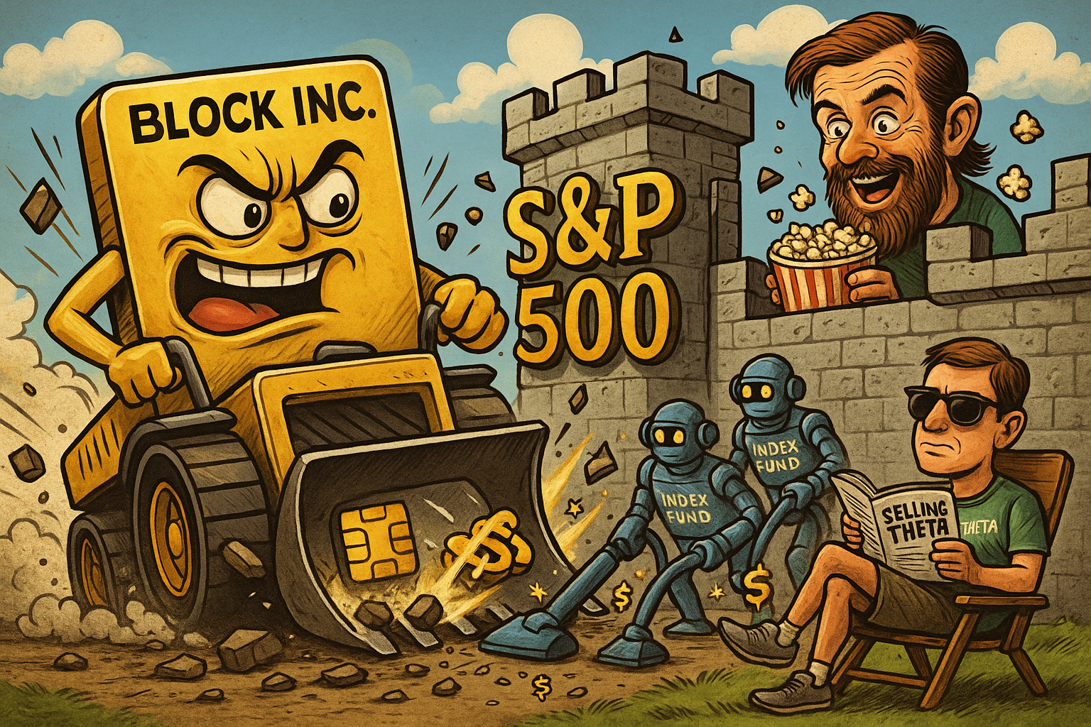 Cartoon Block Inc. credit-card bulldozer smashes an “S&P 500” castle while Jack Dorsey munches popcorn and index-fund robots vacuum shares; relaxed trader reads “Selling Theta.”