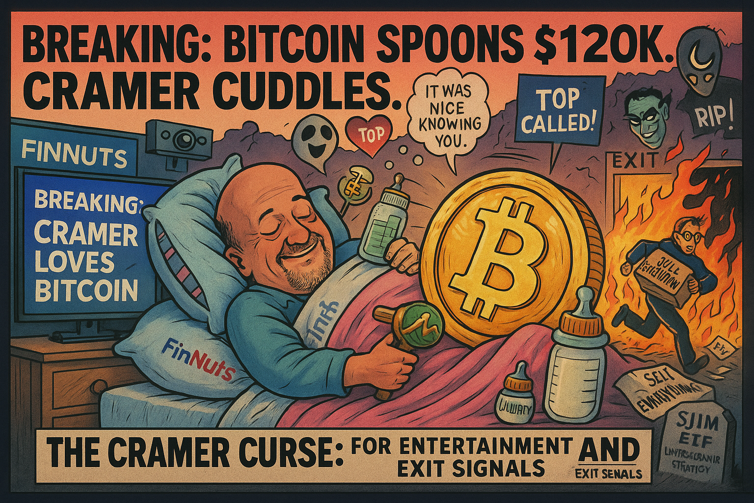 Satirical cartoon of Jim Cramer spooning a glowing Bitcoin in bed under a CNBC baby blanket, while an SPX trader flees a burning room with “Sell Everything” papers. A tombstone for the SJIM inverse-Cramer ETF sits in the corner as Crypto Twitter ghosts mourn the top.