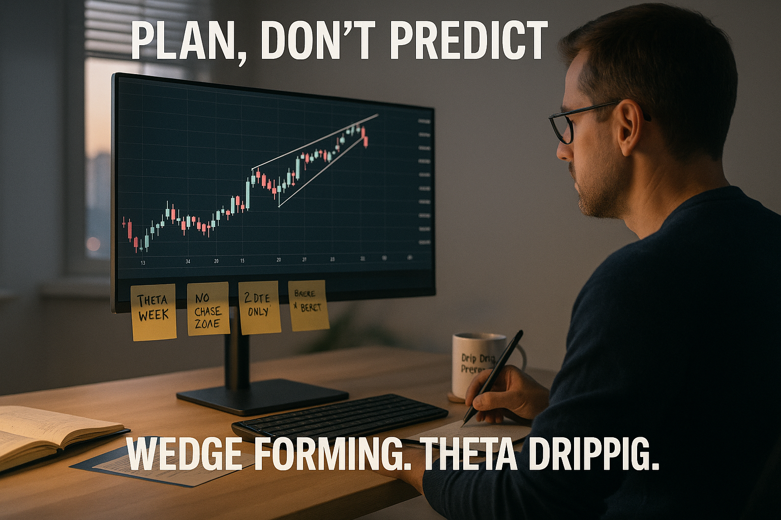Trader studies rising wedge and divergences on SPX with notes on theta and no-chase rules.