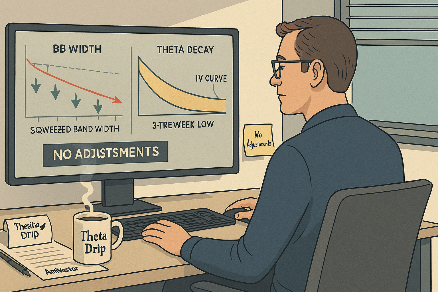 Calm trader monitors low-volatility environment as theta position drips profit.