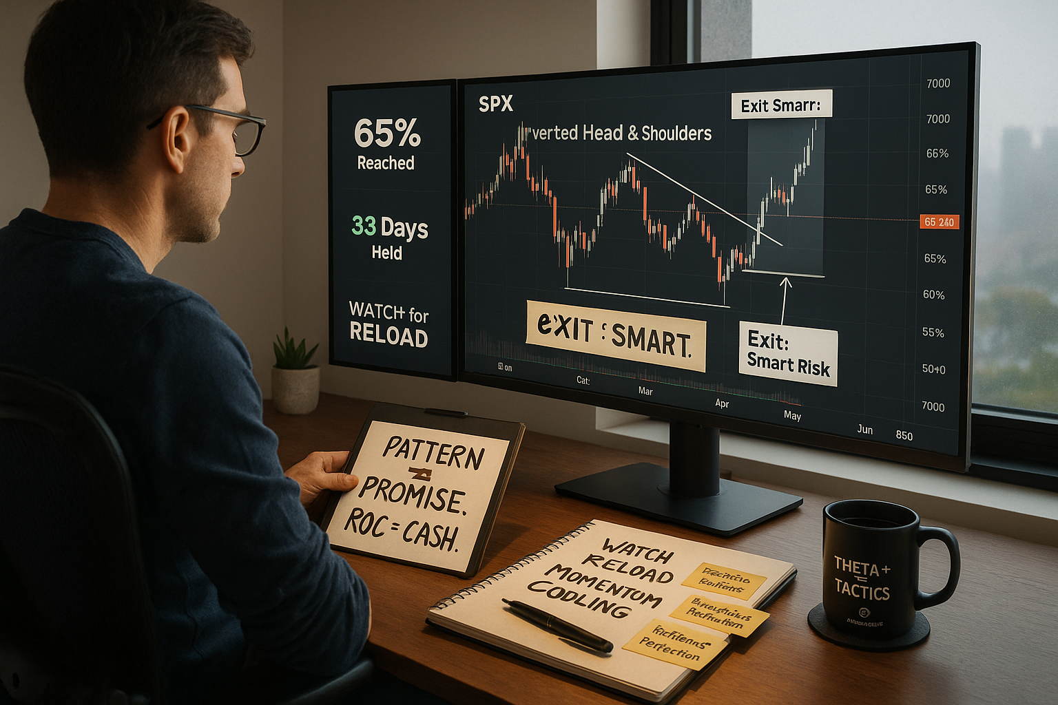 Trader reviews SPX swing trade exit at 65% ROC with strategy notes on screen and desk.