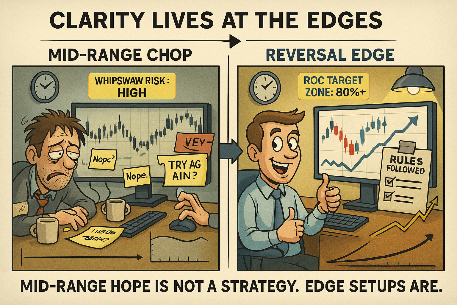 Title: “Mid-Range Chop vs Reversal Edge” Theme: Visual comparison of low-quality trades in the middle of a range versus high-probability setups at range edges Style: Data-Driven Collage Use Case: Expert Insights section Scene Goal: Drive home the rule: Avoid mid-range mush, hunt the edges.