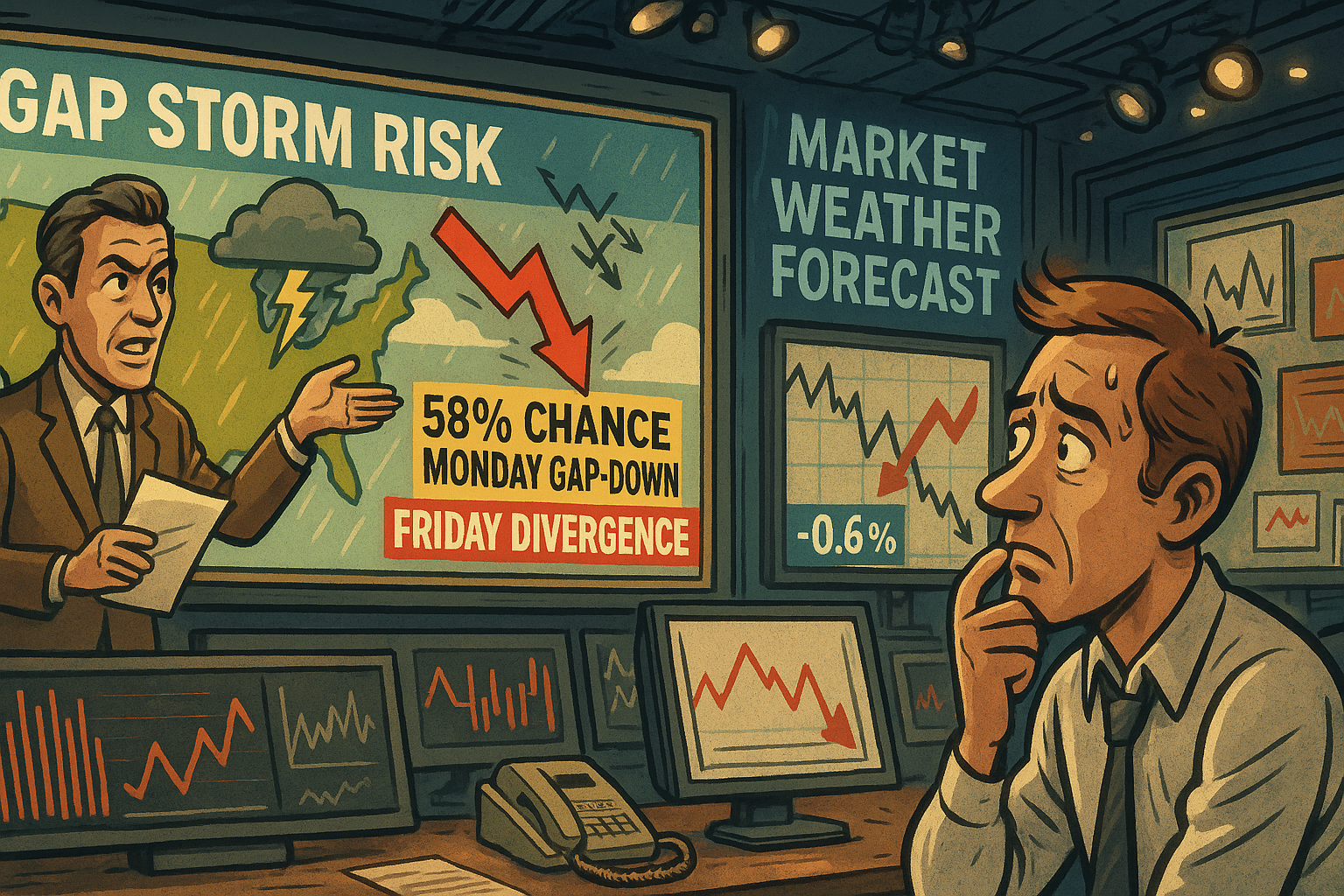 Cartoon weather forecast showing Monday gap risk tied to divergence.