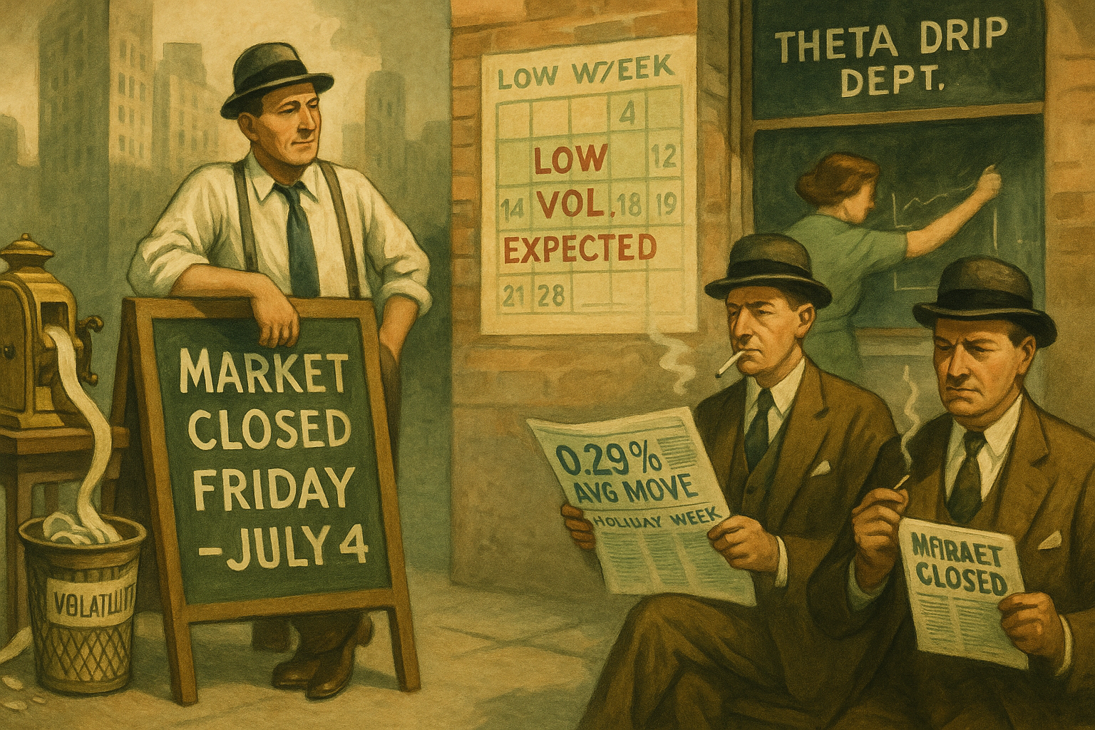 1940s Wall Street traders stand idle during July 4th holiday week with chalkboard showing market closed.