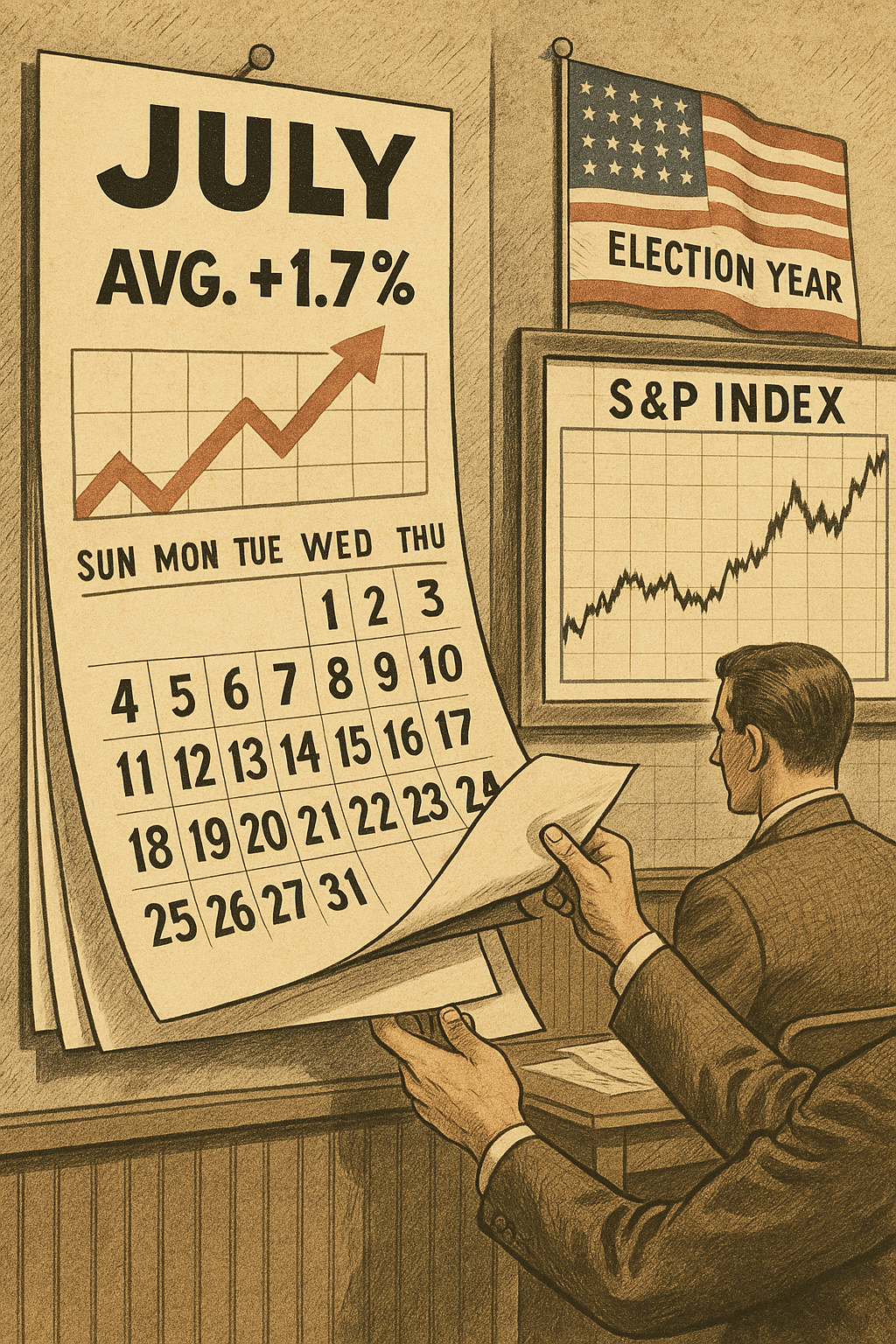 Vintage chartroom highlights July’s historical S&P performance during election years.