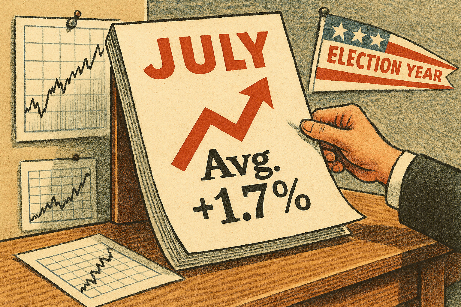 Vintage chartroom highlights July’s historical S&P performance during election years.