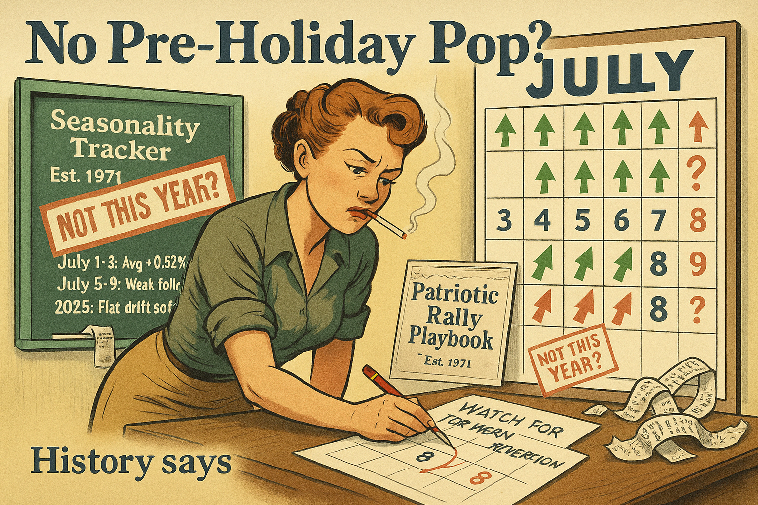 Vintage July calendar shows pre-holiday rally dates and post-holiday weakness, with trader circling next week’s risk.
