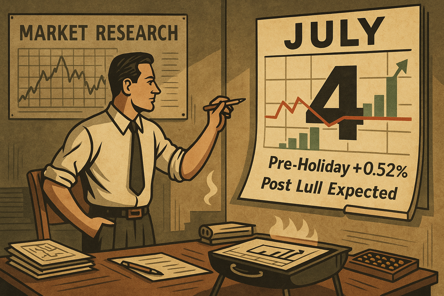 Vintage chartroom calendar shows seasonal stats surrounding July 4 market behavior.