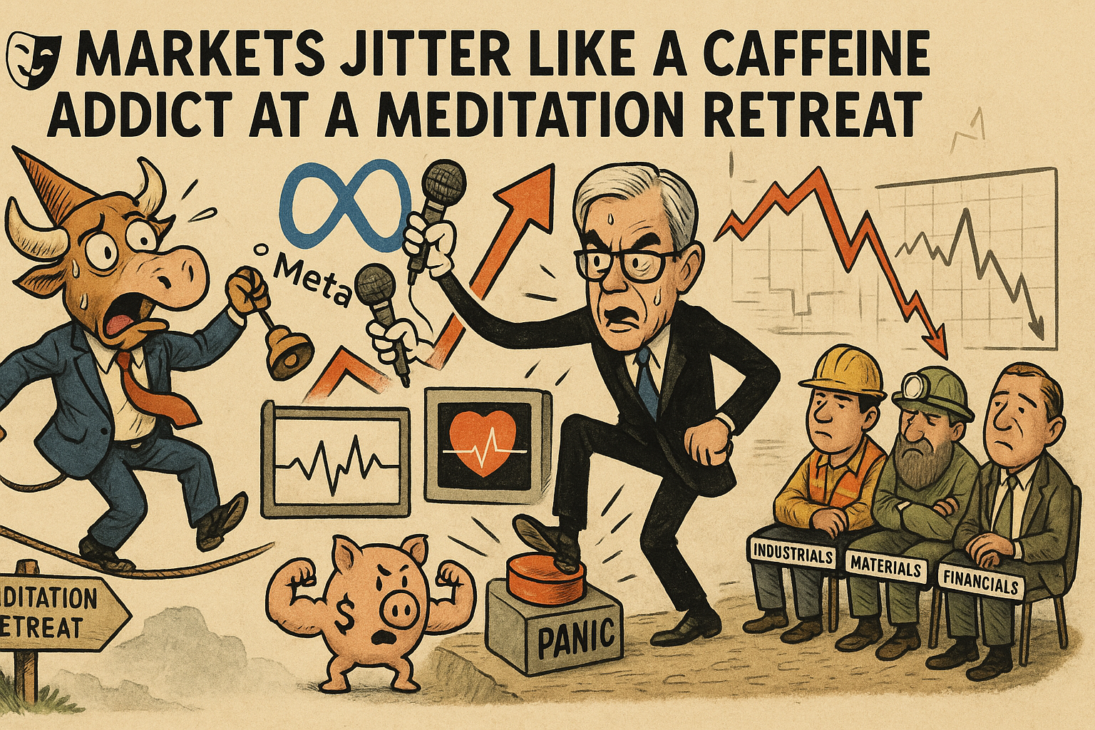 Satirical cartoon showing jittery traders on Wall Street: one clutches a coffee IV, another meditates nervously under a flashing “Fed Decision Imminent” sign. In the background, Zuckerberg and Nadella parachute in with bags labeled “Blowout Earnings,” while Powell looms above in a blimp marked “Rate Hints Incoming.” A giant dollar bulldozer crushes a euro piñata, scattering copper coins across stunned sectors labeled “Industrials,” “Materials,” and “Financials.”
