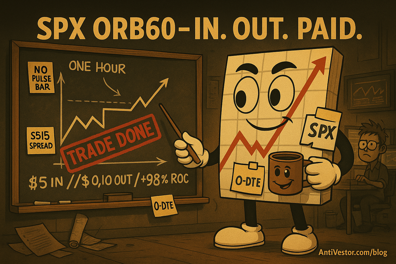 A large chalkboard or strategy board with today's ORB60 trade pinned dead center: “SPX ORB60 – $5 In / $0.10 Out – +98% ROC”