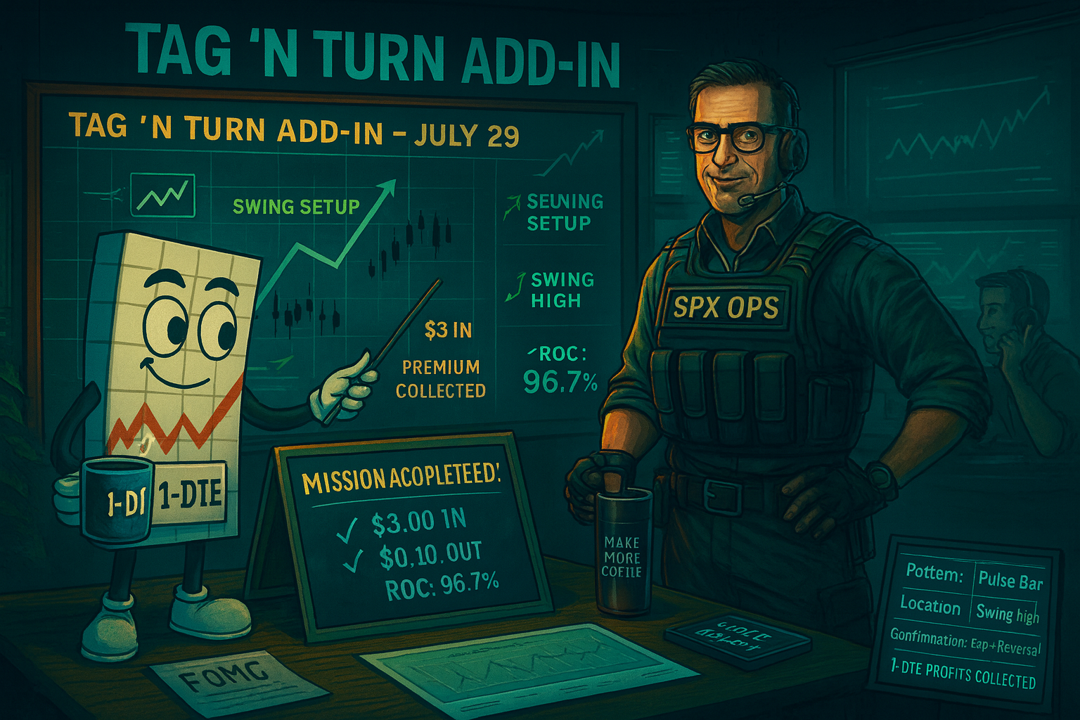 A high-contrast digital illustration styled like a tactical mission board, featuring a bearish SPX swing trade labeled “Tag ’n Turn Add-In – July 29.” The scene includes a chart with a Pulse Bar signal and expiration exit marked near the close. Stats are displayed: “$3 in. 1-DTE. 96.7% ROC.” A focused operator labeled “SPX OPS” calmly stands beside the mission summary board, ignoring a chaotic market monitor in the background. The tone is calm precision – system trade executed without drama.
