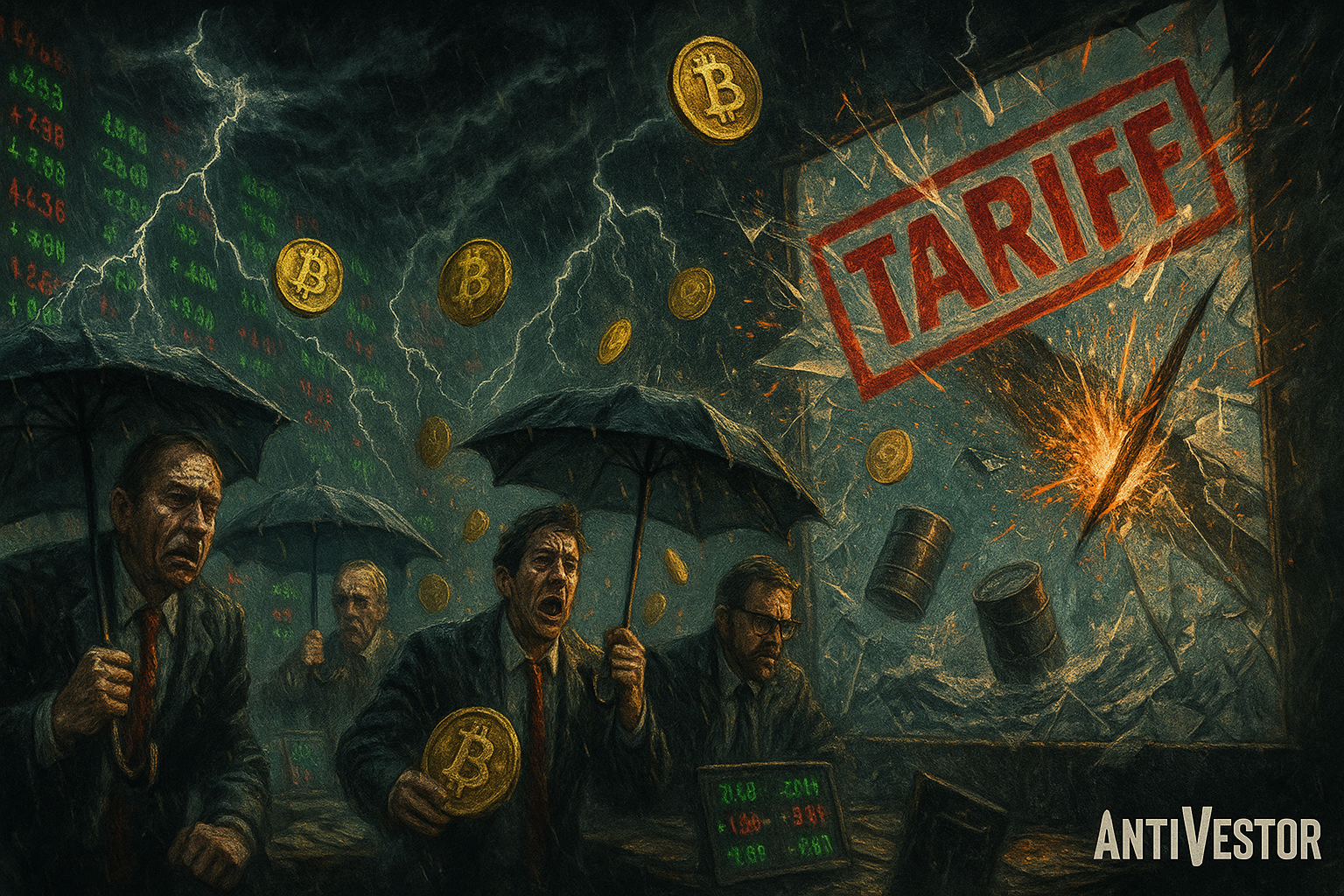 Chaotic trading floor with storm clouds, raining Bitcoins, oil barrels afloat, and a red tariff stamp smashing glass.