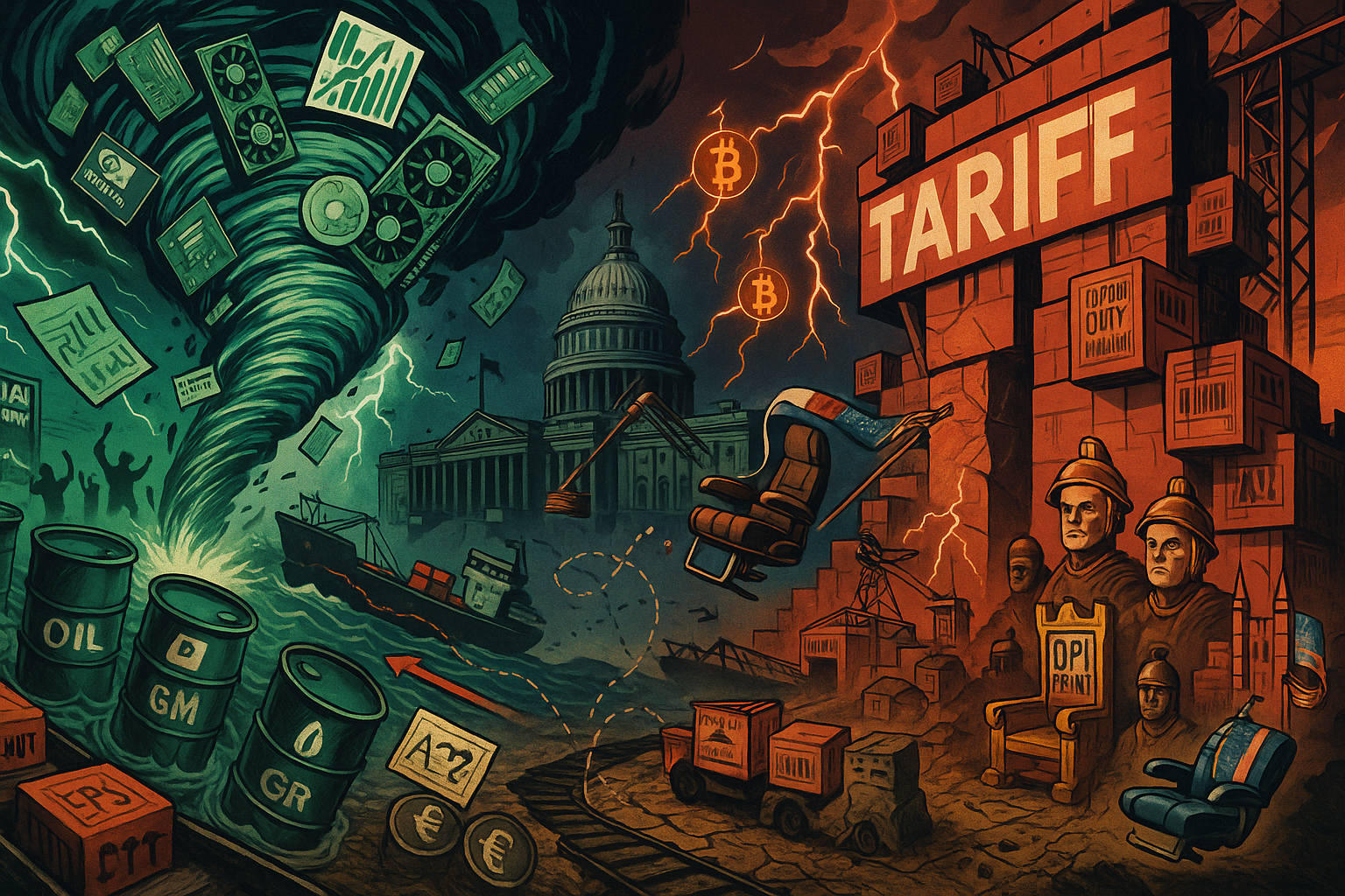 Wall Street’s caught between an AI-fueled surge and a policy-built wall. Chips are flying, trade winds are shifting, and the freight routes are bending like spaghetti. This image shows that battle in motion.