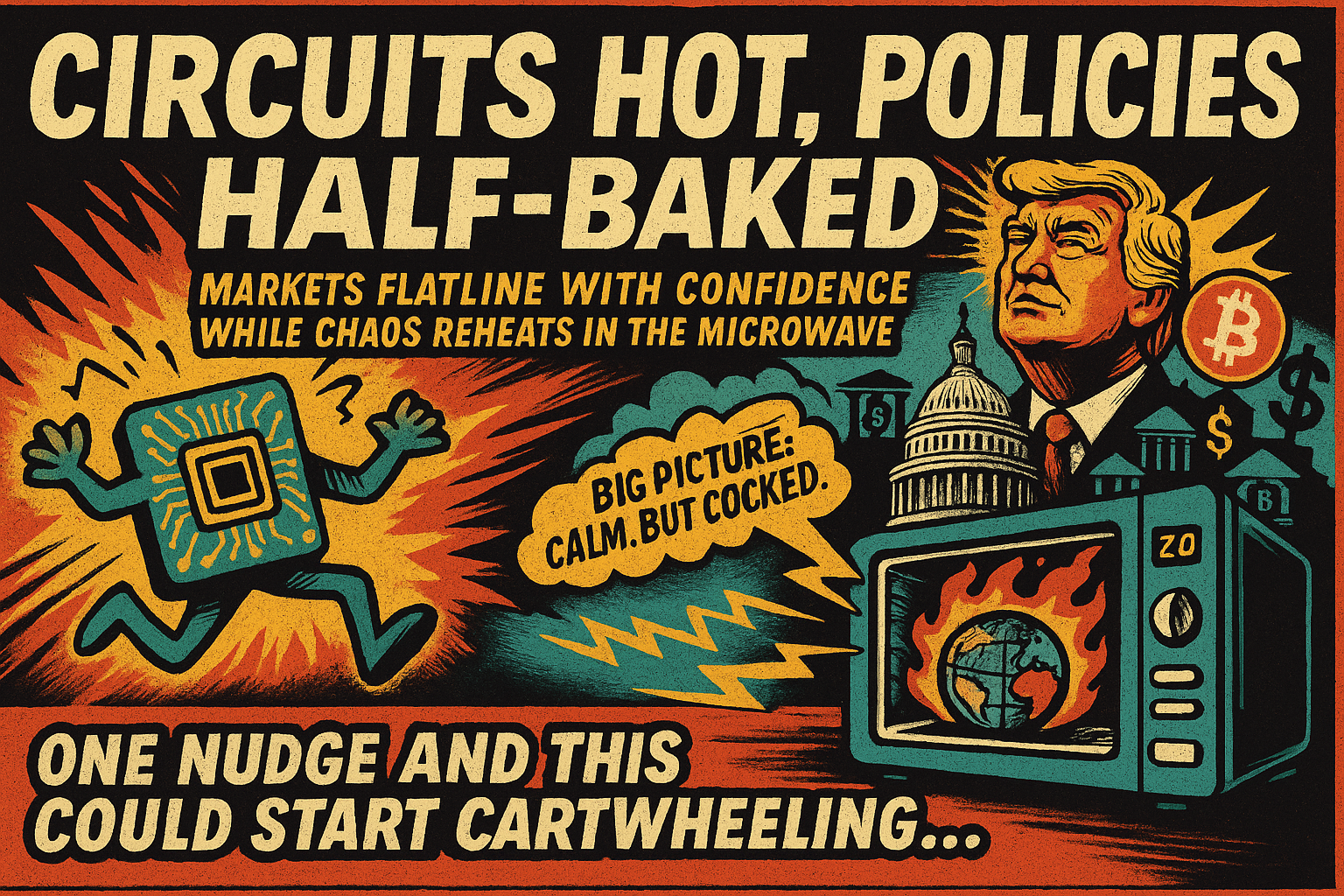 A satirical weather-style broadcast shows a glowing AI chip thunderstorm over a trading floor, Bitcoin rising above the U.S. Capitol dome, oil rigs surfing currency waves, and lightning bolts made of stablecoin code streaking across radar screens.