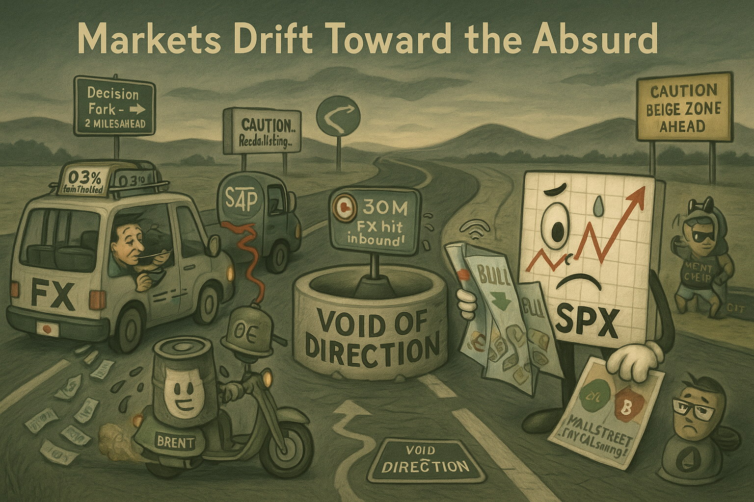 Markets Stare Into the Void, Blink Twice, and Keep Driving Flat charts, twitchy FX, moody oil, and crypto sneaking out the back