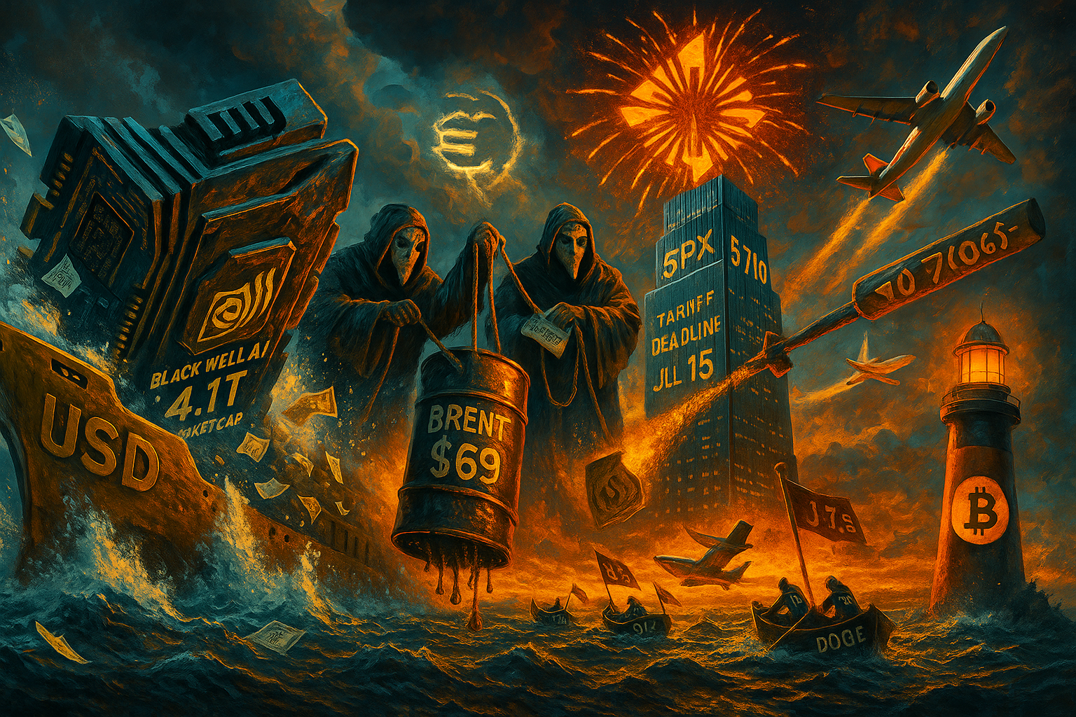 Titanic-style dollar ship hits Nvidia iceberg, oil puppets pull strings, Delta jet dodges tariff, Bitcoin lighthouse guides market seas.