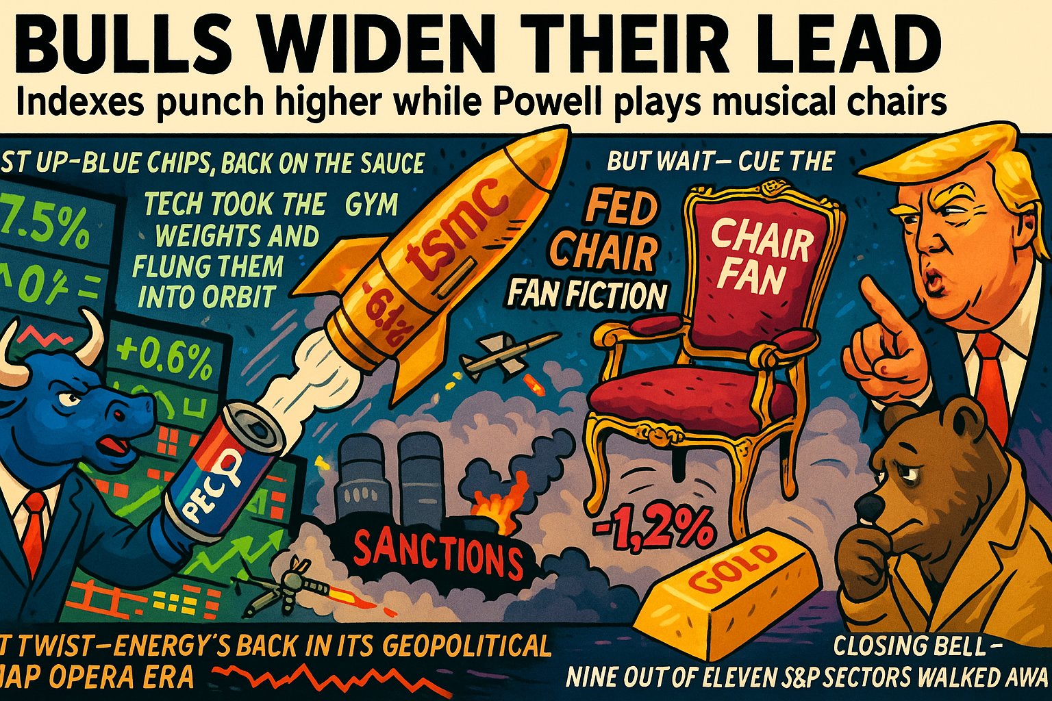 A satirical trading floor scene where a golden Pepsi can crushes a jobless claims report, AI chips blast off like fireworks behind a smug bull in shades, and Jerome Powell’s empty chair spins under a spotlight while dollar bills swirl around it. In the background, a gold bar melts beside a sulking miner, and oil barrels surf a rising Brent price chart.