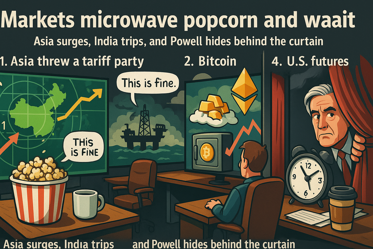 A satirical trading floor scene where Asia dances under tariff disco lights, India spills chai near a crashed IT monitor, Powell hides behind a velvet curtain doing vocal warm-ups, oil lounges under bleachers with sunglasses, and gold offers emotional support next to a stomping dollar mascot.