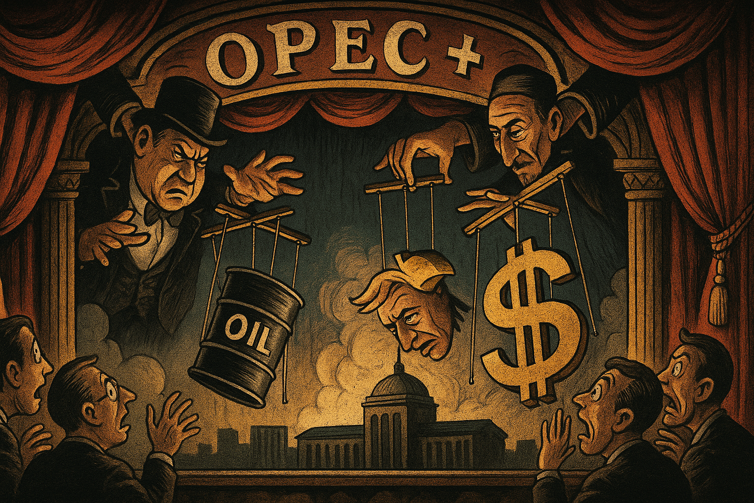 Scene Title: OPEC+ Puppet Masters Juggle Brent and Dollar • Scene Setup: Theatre stage, marionette ministers yank oil-barrel and dollar-sign puppets, audience of traders gasp. • Core Metaphor/Hook: Supply decisions and weak FX keep oil range-bound. • Optional Text Overlay: • Visual Style Direction: Grand-guignol theatre program illustration. • Strategic Rationale: Visualizes invisible hands steering two volatile markets, boosting reader retention.