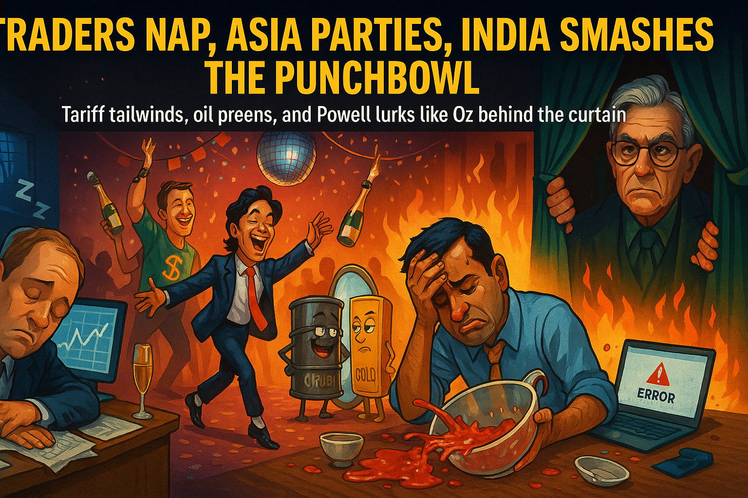 Satirical global market party scene: Japan’s Topix moonwalks on a disco floor under a “Tariff Fiesta” banner, while the Aussie dollar lifts weights nearby. India, dressed in a glitchy IT costume, slips on spilled chai, crashing into the Nifty punchbowl. Crude oil poses in a mirror with a rockstar aura; gold clings to the edge of a table beside a smug dollar on a date. In the background, a velvet curtain conceals Powell, whose shadow practices eerie Gregorian chants. Confetti floats through tense, absurd silence.