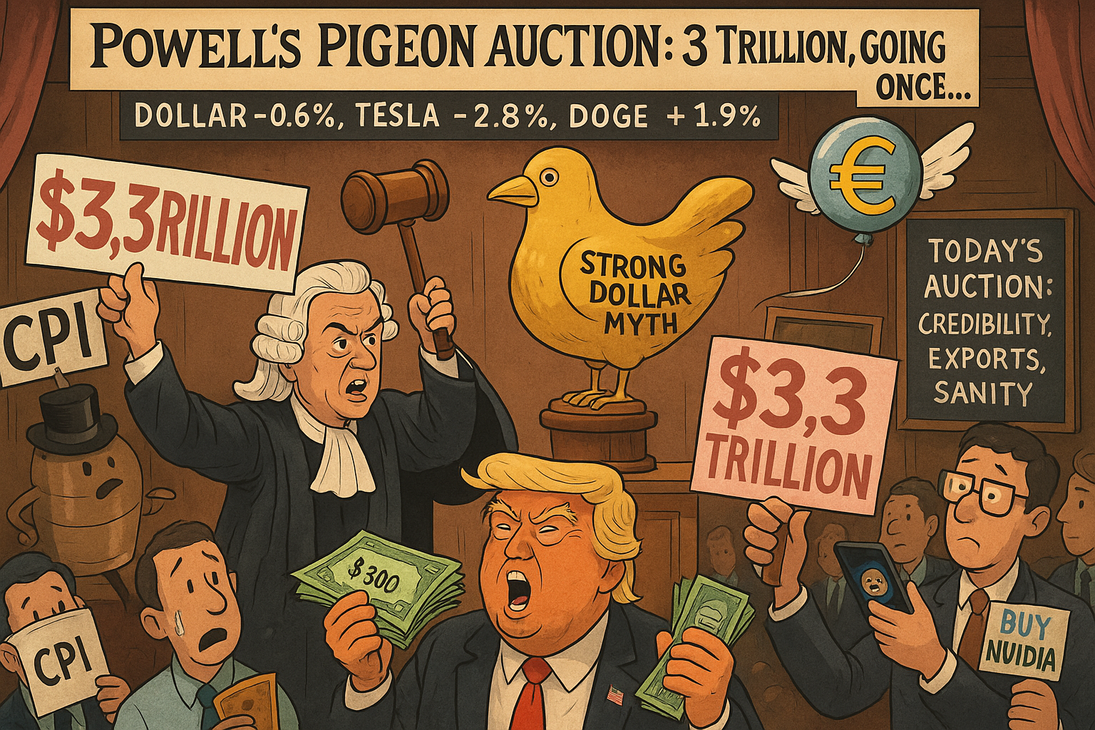 Market stage with sagging dollar rope, fading oil flame, skidding Tesla chart, winged euro token, and hovering Bitcoin dog.