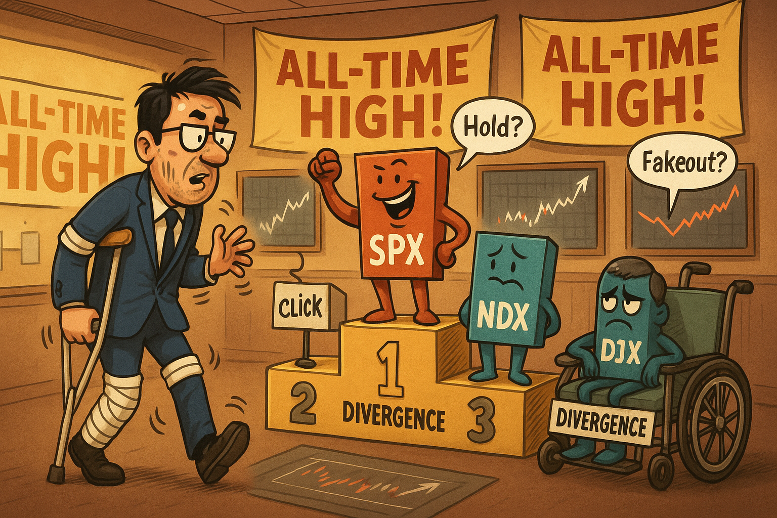 Cartoon trader limps into market war room while indexes argue over new highs.