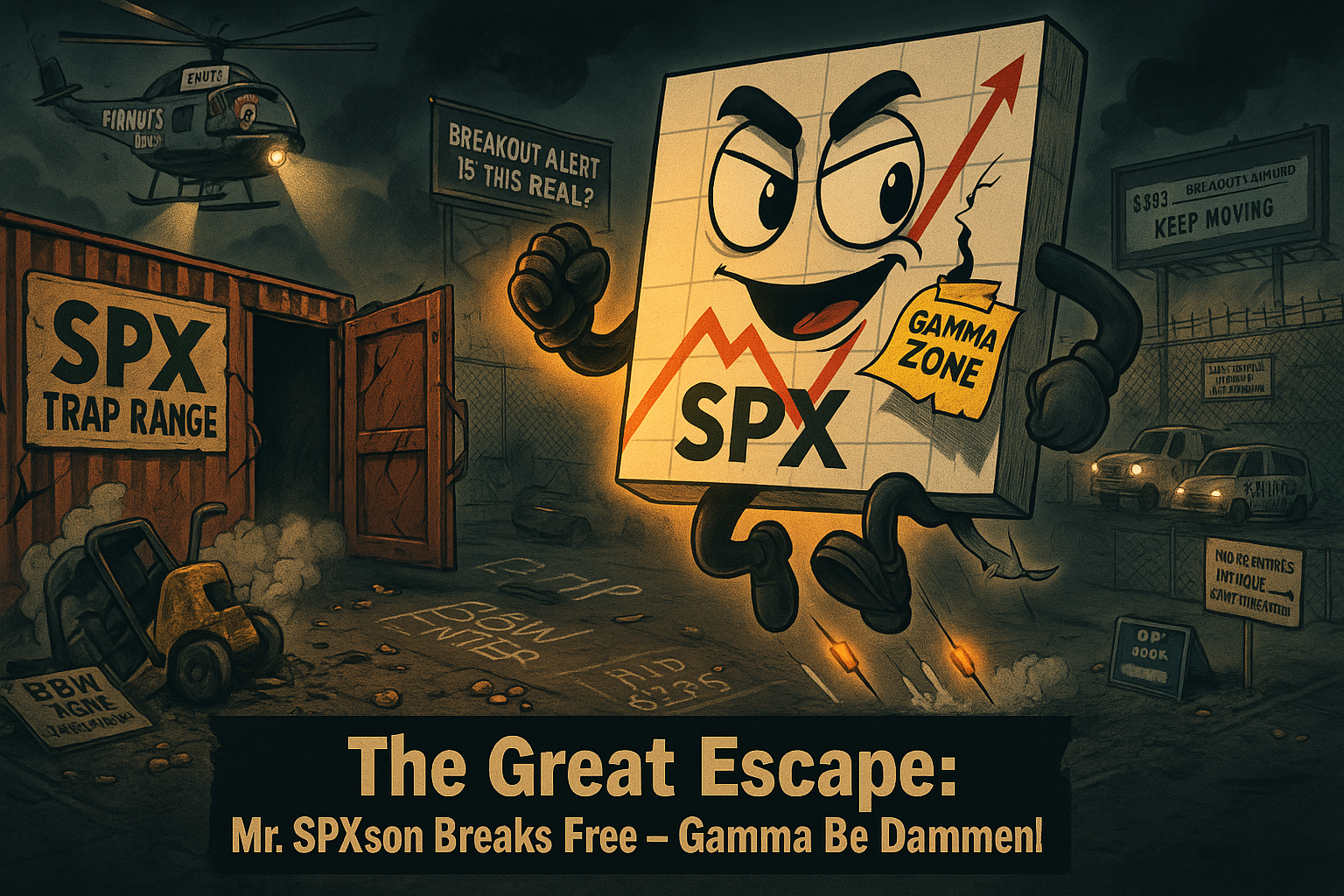 A heroic SPX character leaps from a cracked breakout box as media helicopters spiral above and FinNuts reporters panic. Breakout levels and gamma tools lie in the rubble.