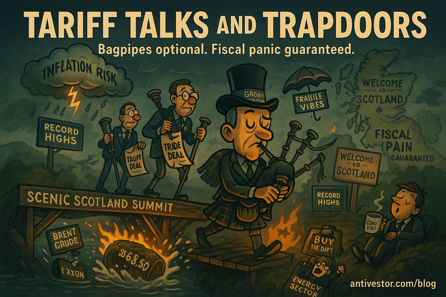 A financial disaster parade is crossing a crumbling bridge over a stormy loch. The setting is surreal - part G7 summit, part traveling circus.