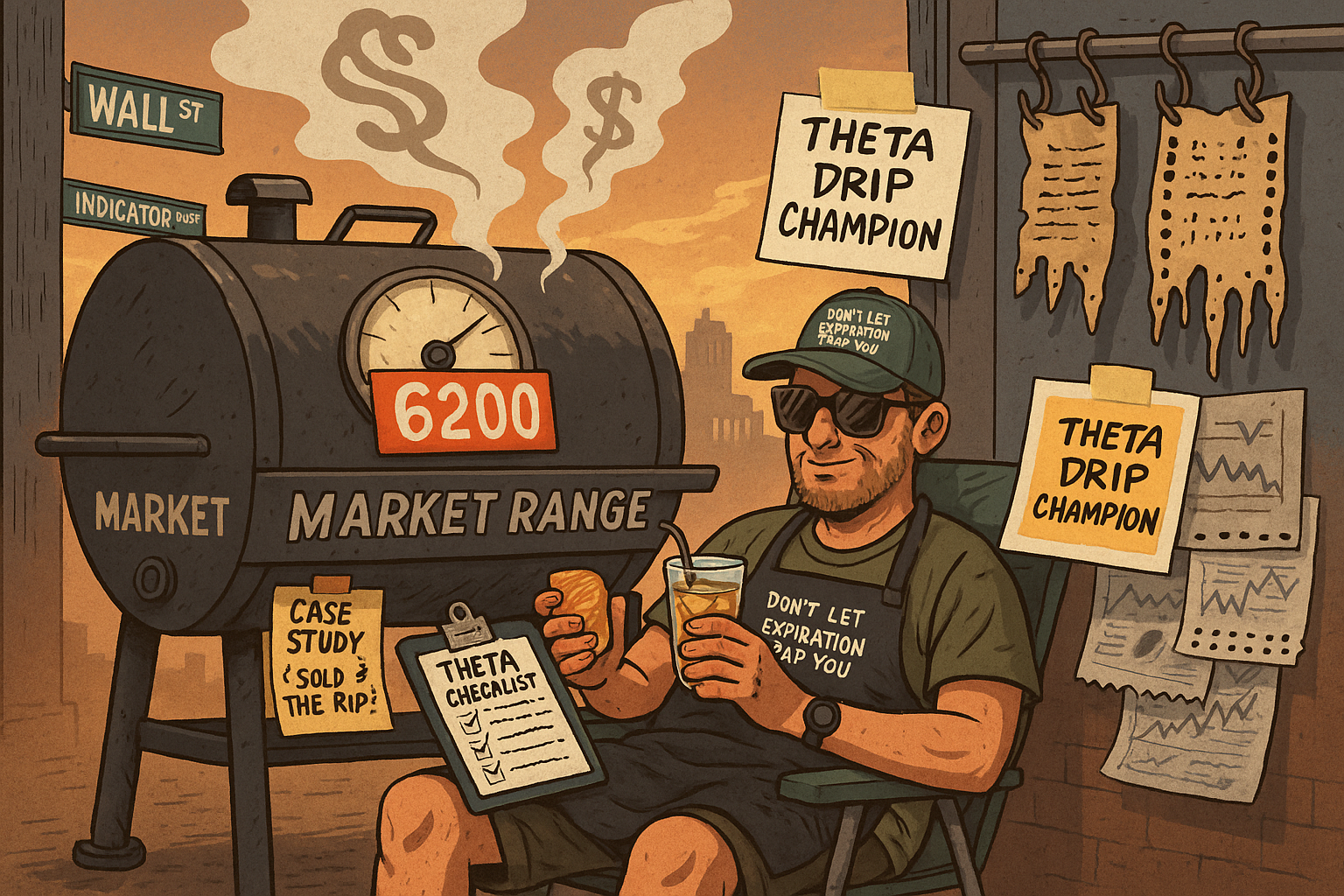 SPX price stuck to 6200 grill while trader lounges with theta fire below.