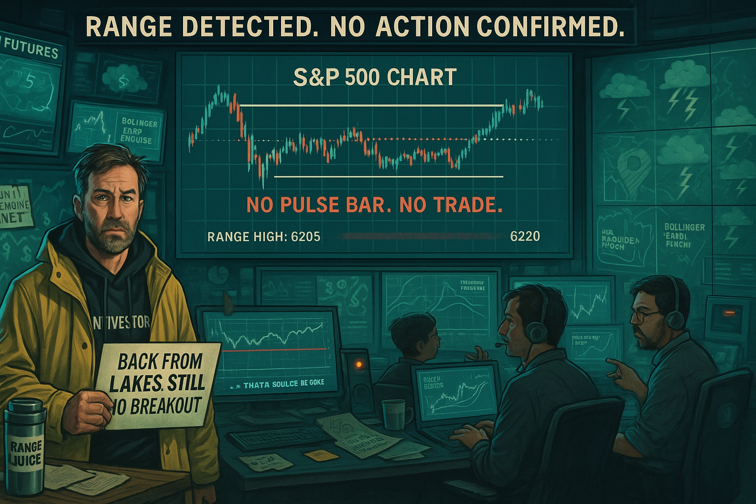 Anchor monitors SPX range from financial radar room while system flashes no-trade alert.