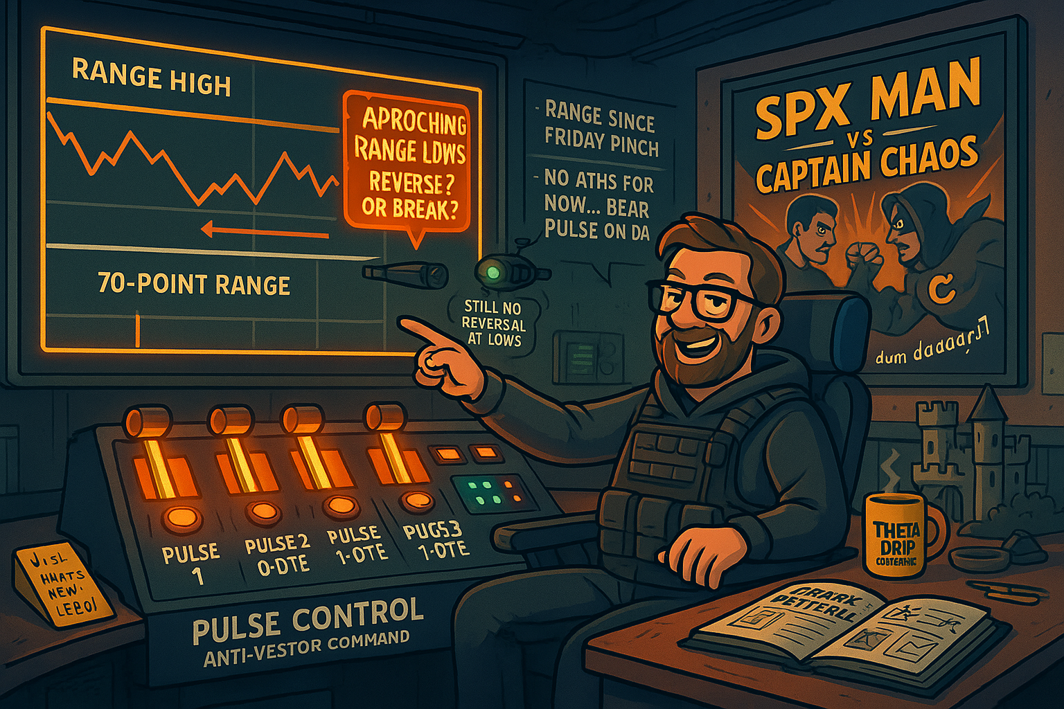 Trader at Pulse Control desk monitors SPX range lows as all 3 pulse setups fire during compressed market action.