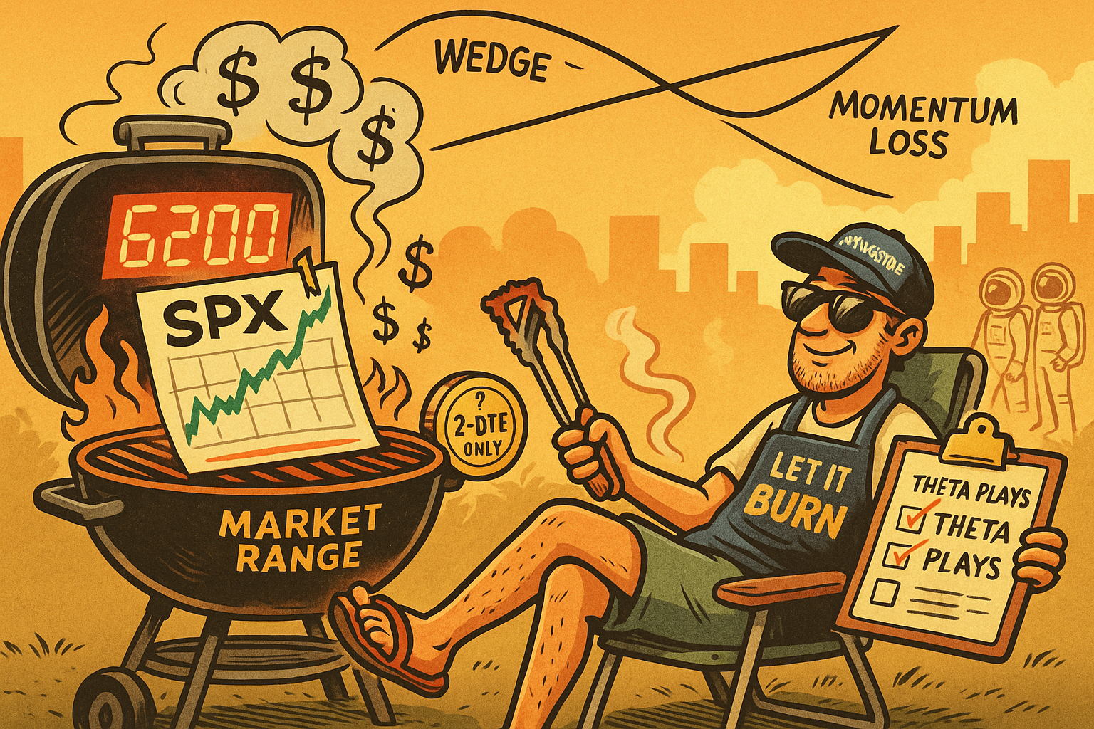 Cartoon grill labeled 6200 slow-cooks SPX while trader collects premium in camping chair with wedge forming overhead.