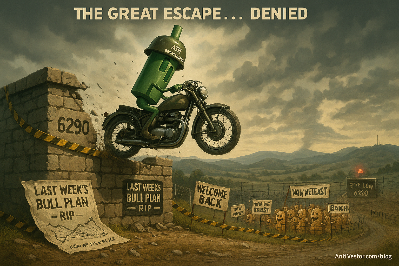 Foreground: A lone SPX candlestick character (green but bruised) sits atop a motorcycle, mid-jump attempt over a crumbling wall labeled 6290. The bike's front wheel is colliding with the wall, shattering on impact. A sign next to the wall reads: “BBW Range Perimeter – Escape Denied.” Midground: A previous breakout map (scroll map style) is crumpled at its feet. Caution tape flaps in the wind: “Last Week’s Bull Plan – RIP” Behind the wall, faint chalk outlines of other breakout attempts are visible. Background: Down the hill behind, a familiar fenced-in range zone looms (boxed valley). Peanut minions are waiting with “WELCOME BACK” signs, laying credit spreads like traps. Far distance: Spike Low Trench at 6220 marked with a red danger light pulsing ominously.