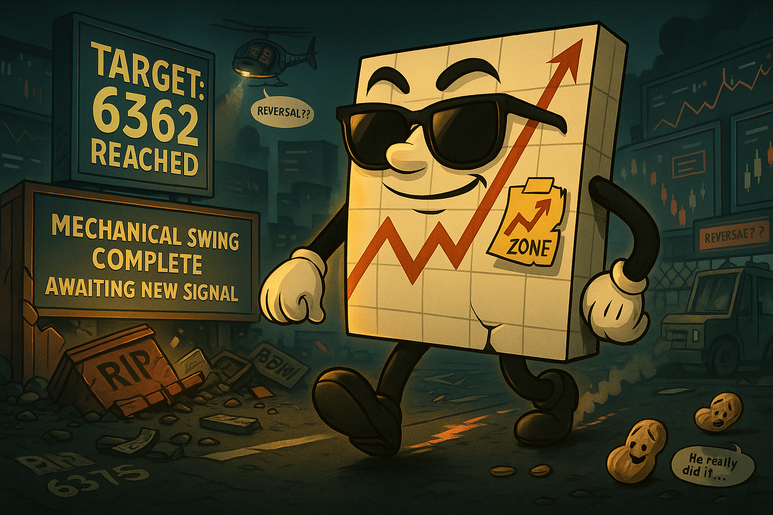 Mr SPX strolls away from the breakout zone as spotlights dim and headlines fade. 6362 has been tagged. Chaos lies behind him. The next setup awaits.