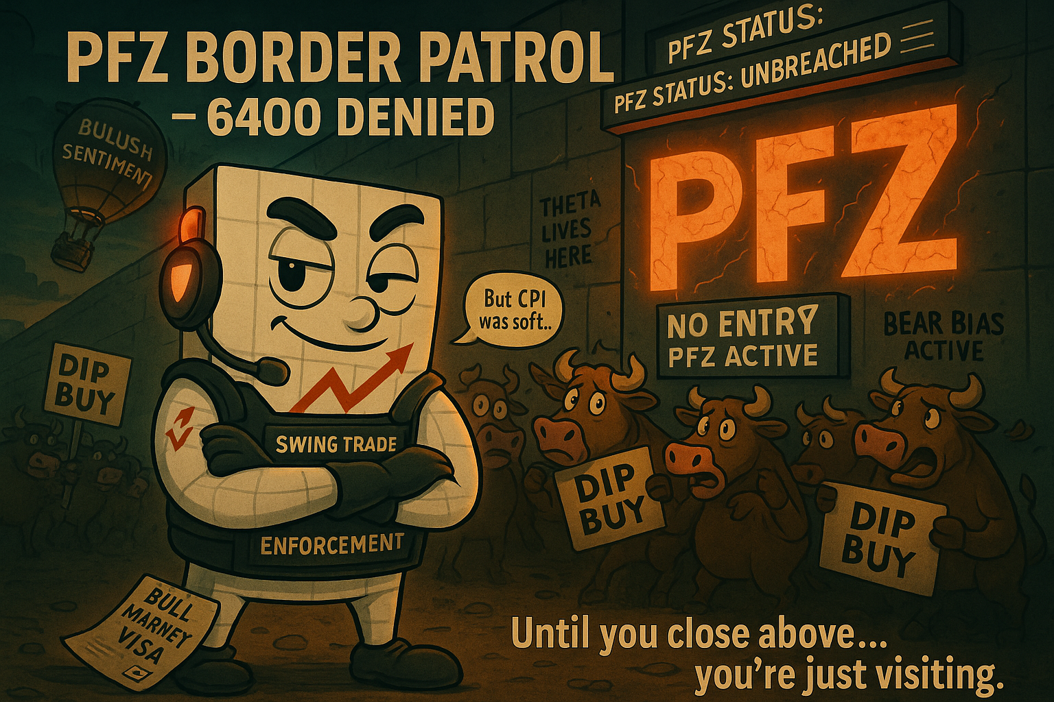 Mr SPX stands tall, arms crossed, foot planted on a crushed “Bull Market Visa” document. He’s wearing a chart-pattern SWAT vest, and a flashing red headset plugged into a trading terminal. A huge glowing sign above his head reads: “NO ENTRY – PFZ ACTIVE” On his chest: a badge labeled “Swing Trade #1 Enforcement”