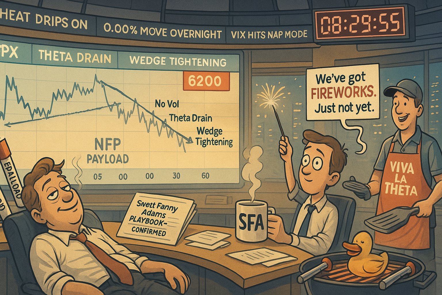 Anchor holds “SFA” mug in chaotic newsroom as SPX flatlines and NFP countdown nears.