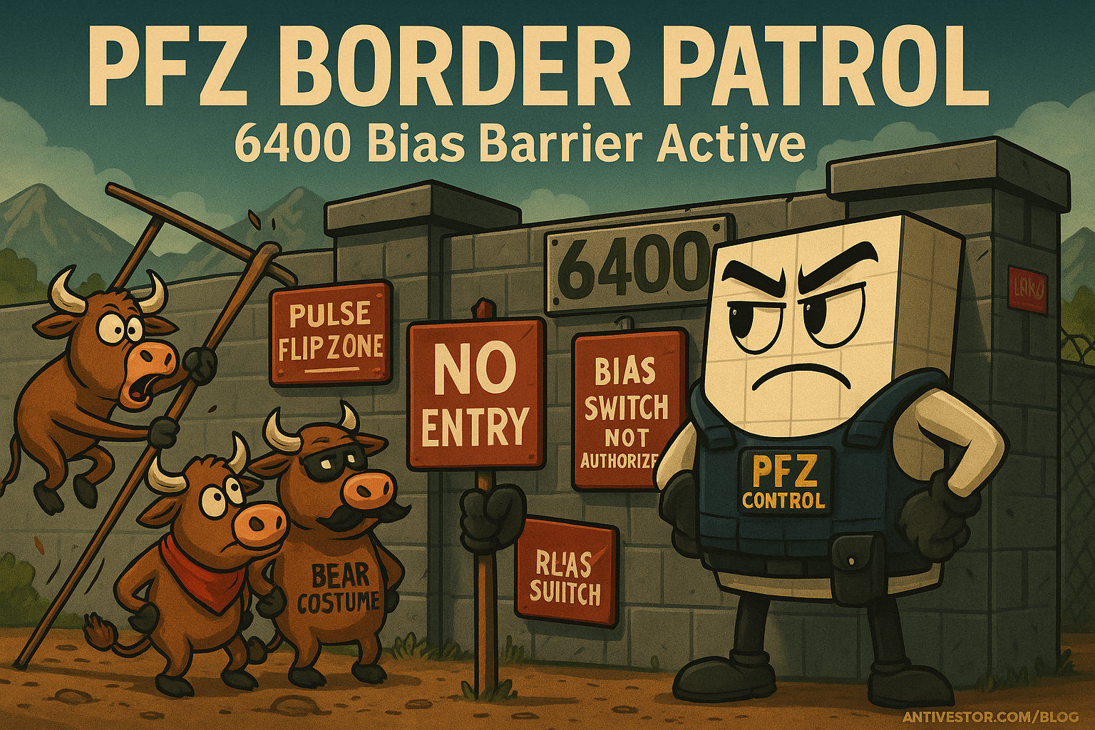 A satirical cartoon-style digital illustration titled "PFZ Border Patrol" featuring Mr SPX standing confidently in front of a giant 6400 wall marked "PFZ – Pulse Flip Zone." He holds a large red "NO ENTRY" sign, blocking a group of sneaky bulls trying to climb over and breach the zone. Surveillance cameras, floodlights, and a checkpoint booth emphasize the strict defense. A spotlight highlights one bull mid-leap, caught in the act. The scene is styled like a border patrol checkpoint, blending financial metaphor with cheeky cartoon visuals in a widescreen layout.