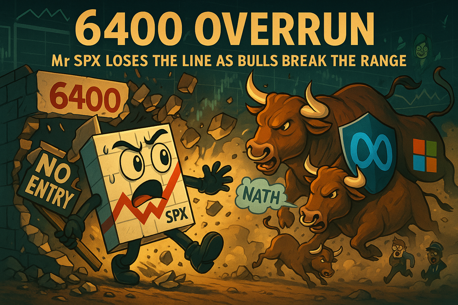 A dynamic cartoon-style digital illustration shows Mr SPX in full tactical gear trying to hold the 6400 range high “PFZ” wall. Bulls armed with green flags and charging momentum are overwhelming his position, breaching the defense with glowing NATH arrows. Mr SPX is shown yelling into a radio while holding a cracked “NO ENTRY” sign as bulls storm past. The background is filled with market chaos, charts, and rising candles breaching resistance.
