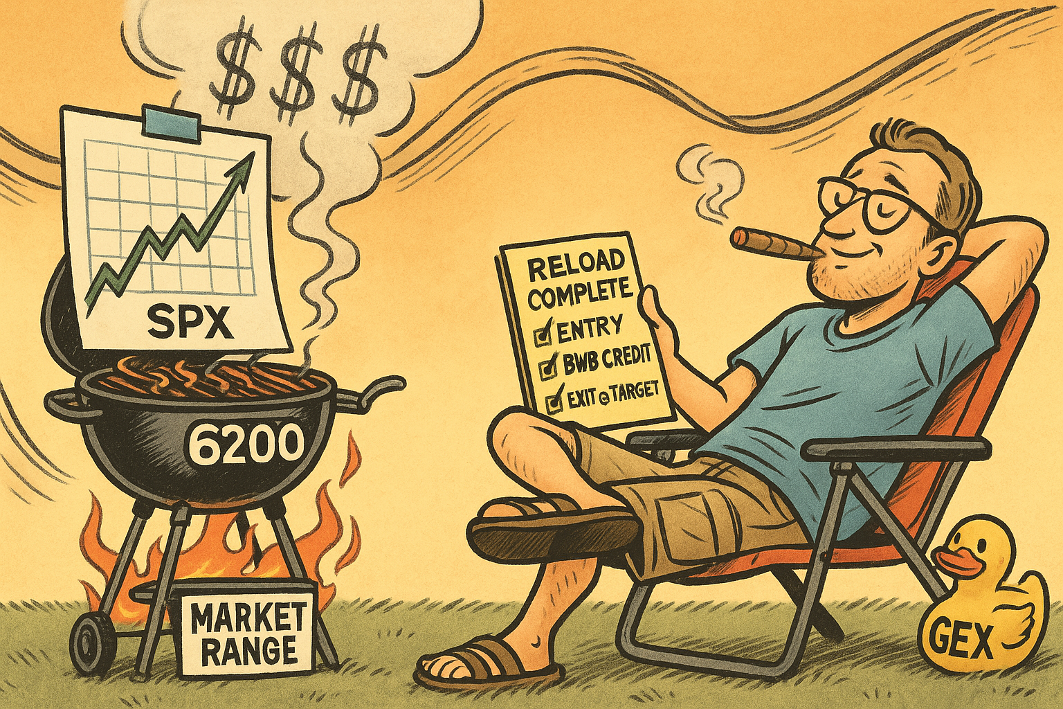 SPX chart taped to 6200 grill while trader collects premium with no stress.