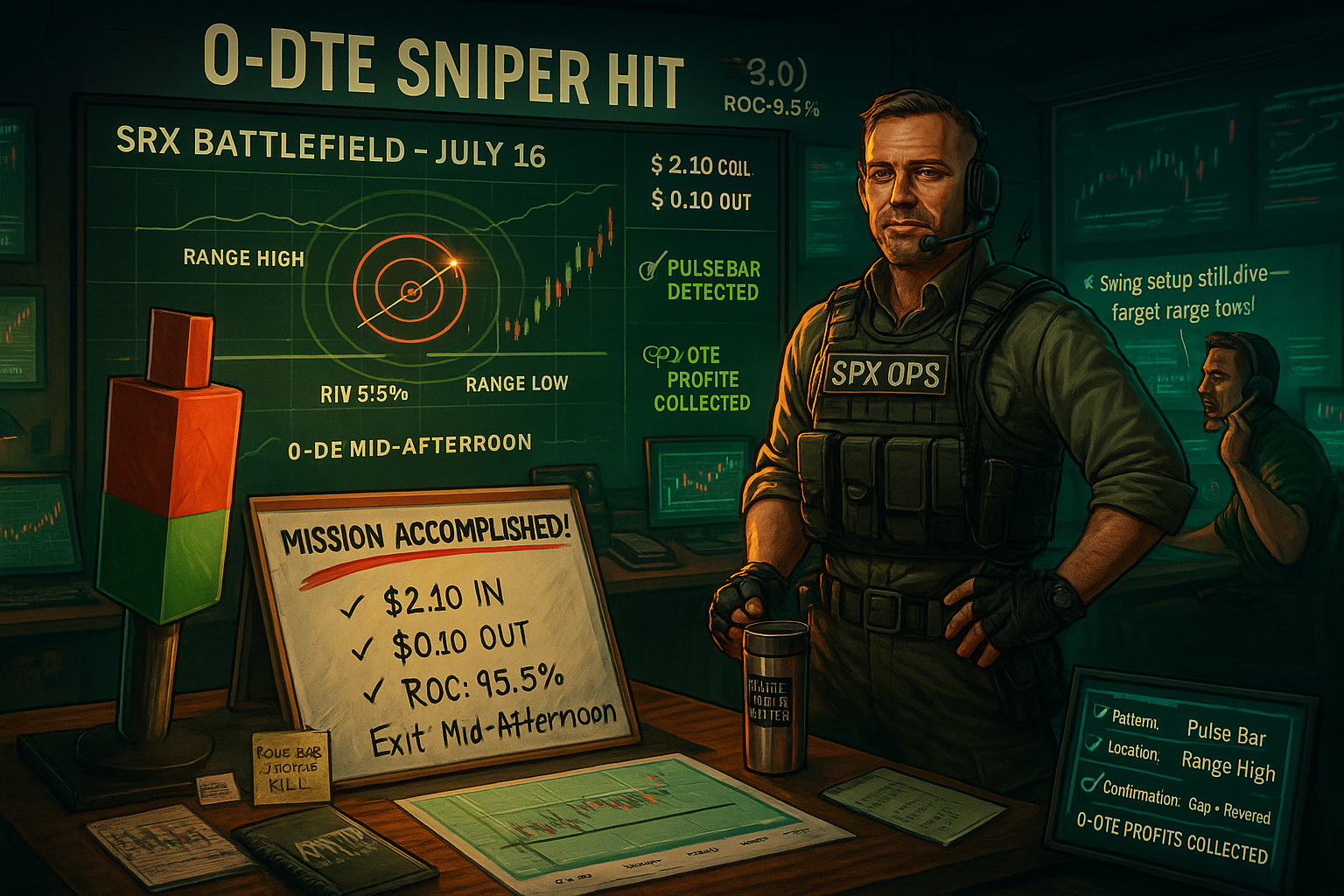 Trader in ops room logs 95.5% ROC on 0-DTE SPX pulse bar play from range highs.