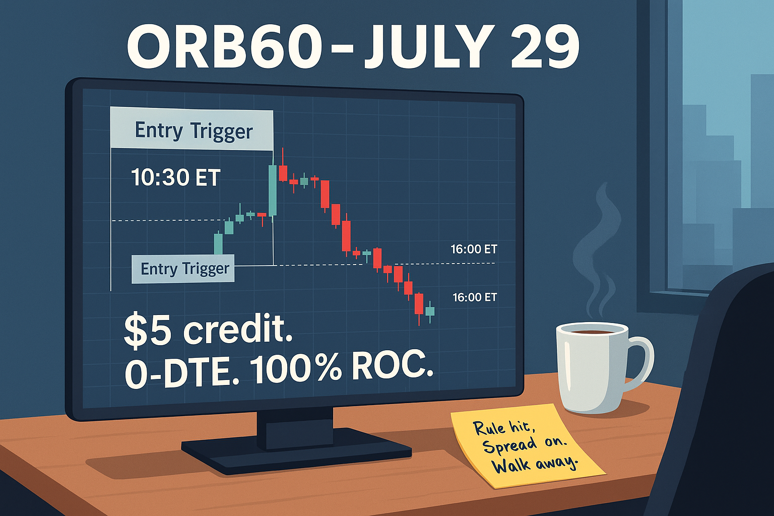 A widescreen digital poster titled "ORB60 - JULY 29" features a stylized SPX chart in the background showing a clean 60-minute range break and fade to expiration. Bold subtext reads "$5 credit. 0-DTE. 100% ROC." The layout uses vibrant contrast and large lettering to highlight the trade outcome, with a clear mark on the chart at the breakout and expiration points. Designed to showcase precision, simplicity, and results in one glance.