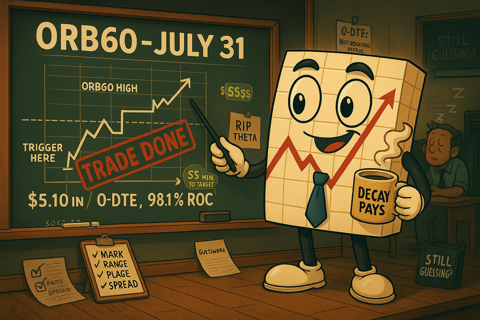 A widescreen trading-themed classroom illustration titled “ORB60 - July 31.” Mr. SPX, a confident character with a chart face and suit, points at a chalkboard showing a 60-minute opening range breakout and expiration levels. Subtext reads “$5.10 in. 0-DTE. 98.1% ROC.” The background includes a large trade chart, sticky notes labeled “60-min OR,” “Credit Spread,” and “Trade Done,” with amused and confused trader students in the classroom. A coffee mug reads “Decay Pays.”