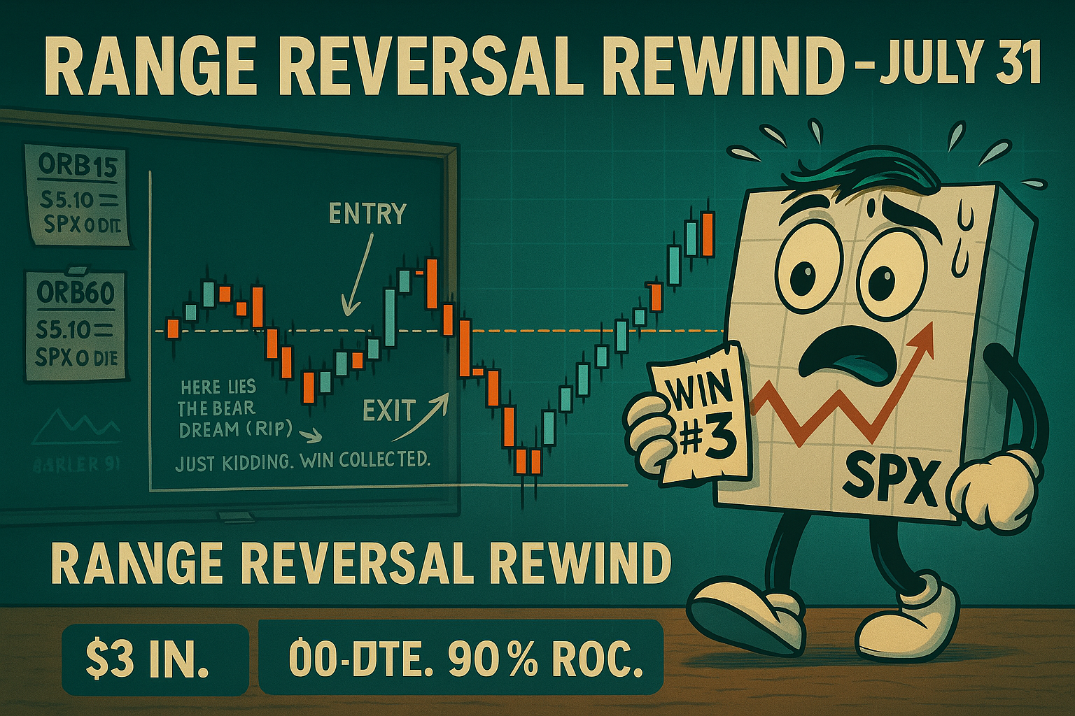 A vibrant, widescreen digital illustration titled "Range Reversal Rewind - July 31" shows a 30-minute SPX chart illustrating a surprise reversal trade. The chart highlights a gap open above the range, a move back inside, and a breakdown through the range low. Mr SPX, looking surprised and slightly disheveled, holds a "WIN #3" ticket as price action reverses behind him. In the background, faint chalkboard notes reference earlier ORB15 and ORB60 trades, while a small label reads “Here lies the bear dream (RIP) → Just kidding. Win collected.” Subtext at the bottom reads: “$3 in. 0-DTE. 90% ROC.” Style is crisp, bold, and comic-inspired.
