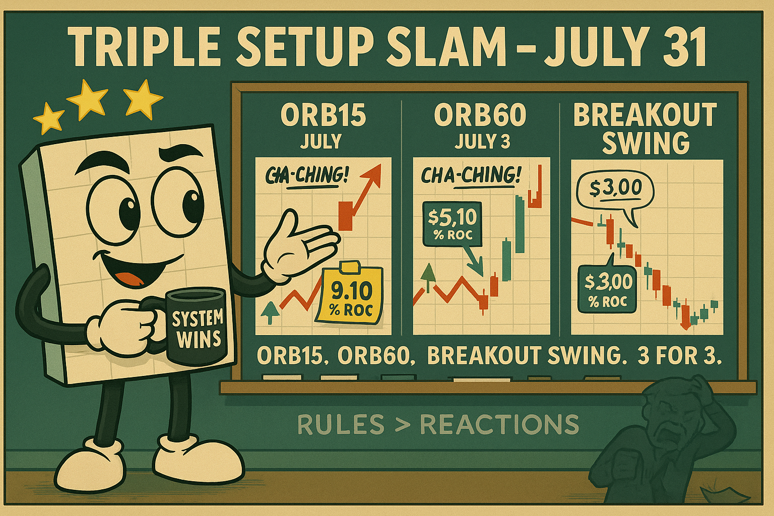 A widescreen digital illustration titled "Triple Setup Slam Dunk - July 31" shows Mr. SPX in a victory pose, fist raised and trading ticket in hand. Behind him, a large classroom chalkboard displays three distinct SPX trades: ORB15 marked as “Done in 55 Min,” ORB60 labeled “Set and Forget,” and a surprise reversal trade titled “Late Game Winner.” The chart paths curve dramatically to reflect each setup’s movement. A faint "Cha-Ching!" echoes from a cash register graphic. Easter eggs include a crumpled Fibonacci chart in a waste bin and a whiteboard scrawled with “3 Trades. 3 Wins. No Guesswork.” The tone is upbeat and celebratory, with clean bright colors and high contrast for maximum impact.