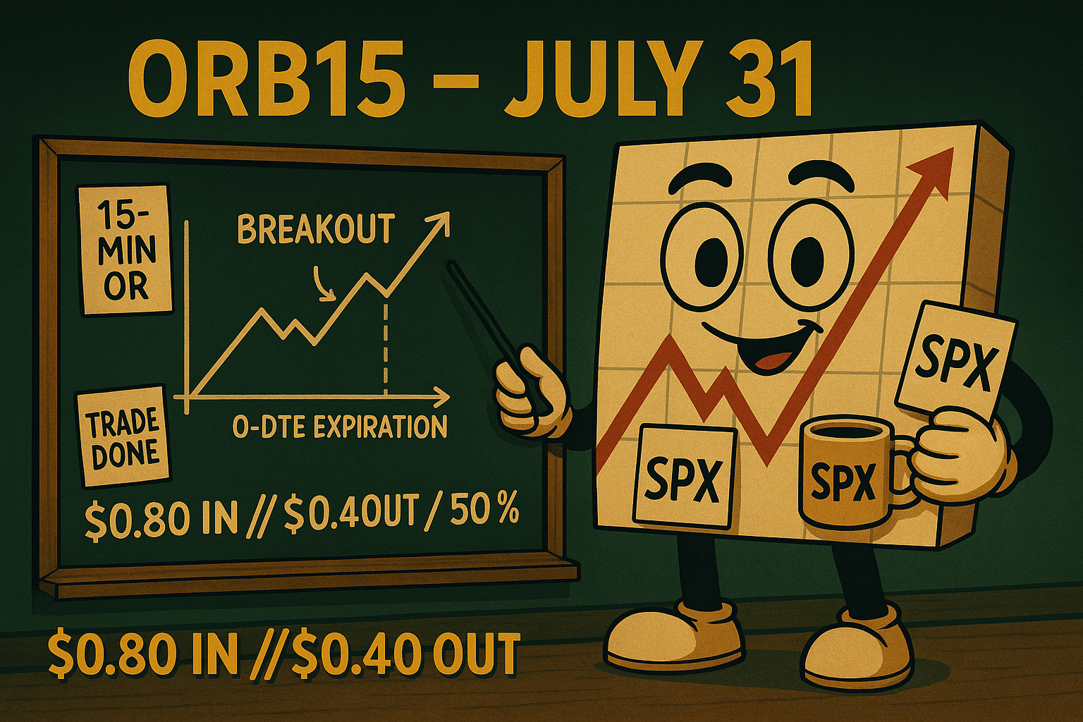 A vibrant, cartoon-style illustration titled “SPX ORB15 – Mr SPX Classroom Series.” Mr SPX, a cheerful character with a price chart for a face, stands in front of a chalkboard labeled “ORB15 – July 31.” He points to a simplified diagram showing the 15-minute opening range breakout with entry and exit points clearly marked. A bold red stamp reads “TRADE DONE.” The chalkboard also notes “$0.80 IN / $0.40 OUT / 50% ROC.” Mr SPX holds a coffee mug labeled “0-DTE” and wears a confident smile. In the background, a stunned trader sits at a desk surrounded by charts and papers, emphasizing the contrast between rule-based success and panicked guessing. A small sticky note near the chalkboard reads “Pulse Bar Optional.” The visual has a bright classroom palette, designed to educate and entertain.
