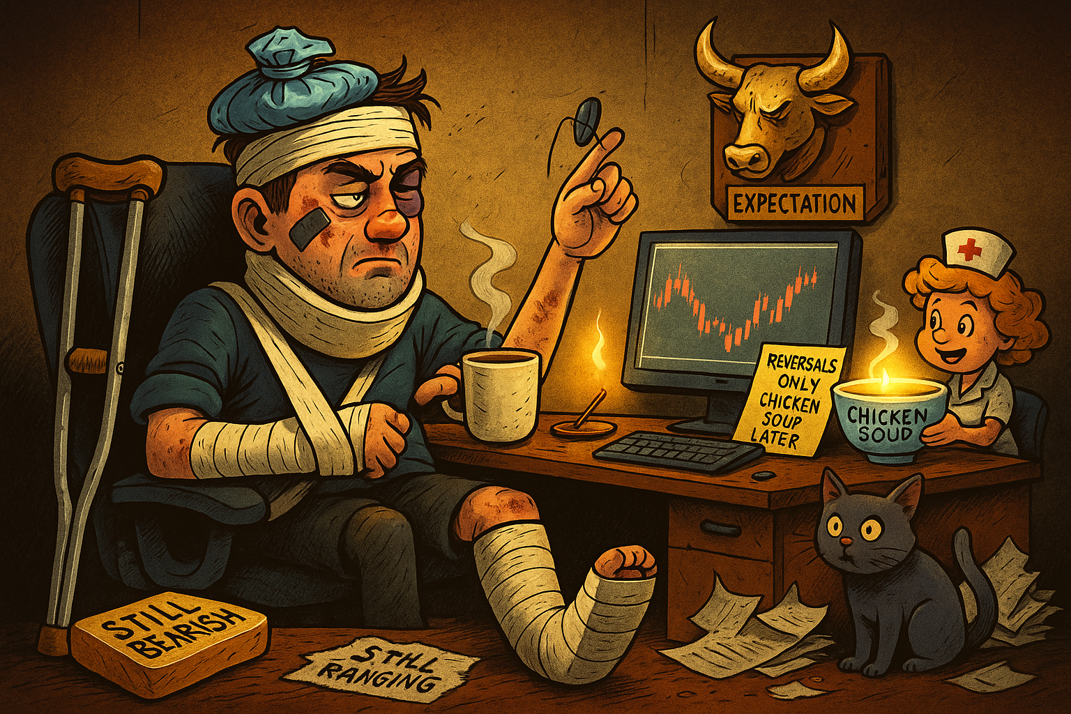 A battered trader is seated at a trading desk like a wounded prizefighter post-match. His body is bandaged and braced, but his eyes are locked on the screen. It’s not a hospital. It’s not a home. It’s a War Room of Ranged Rejections.