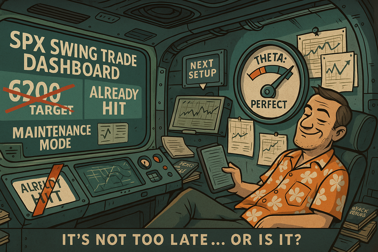 Trader watches market from cockpit labeled Maintenance Mode as SPX trade matures.