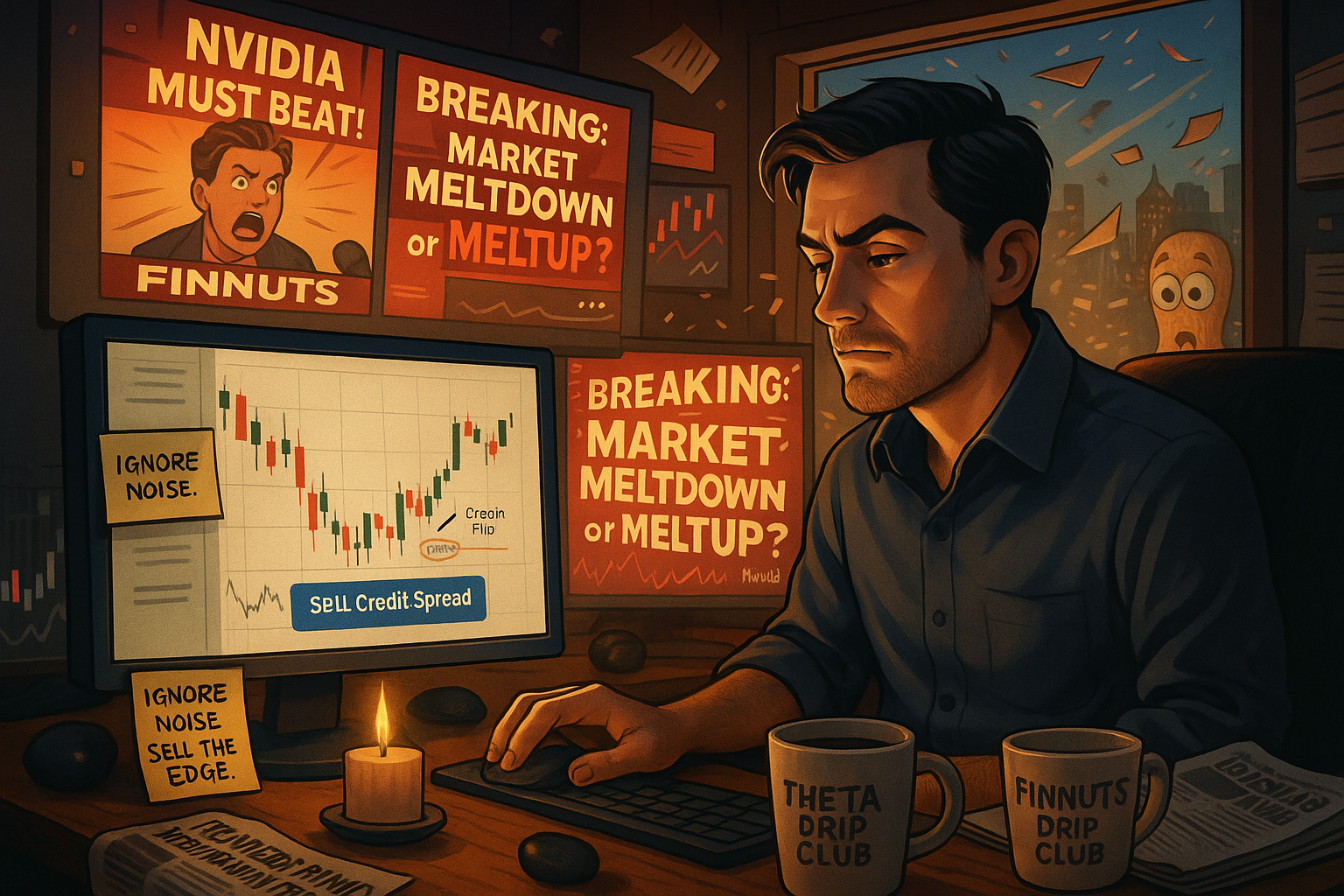 Premium sellers are calm, patient, and rules-based — even while the rest of the market loses its mind over earnings hype. This scene captures that exact moment before a disciplined trader clicks “Sell” while the financial media explodes in chaos behind him.