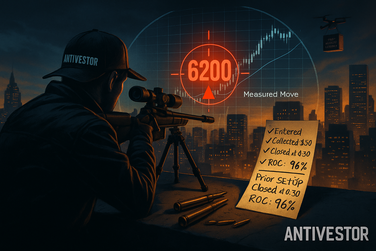 Rooftop trader locks digital scope on SPX 6200 measured move target as city glows below.
